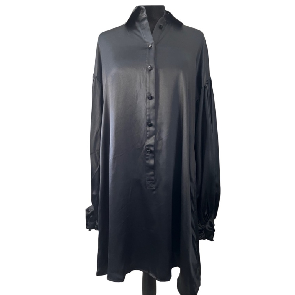 Magaschoni Satin Mini Dress Vintage Lantern Sleeves Black Size 6 8 $388 NWT